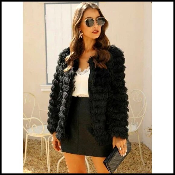 Faux Fur Open Front Cardigan Vintage Parka Shaggy Jacket Warm Coat Tops - Picture 2 of 7